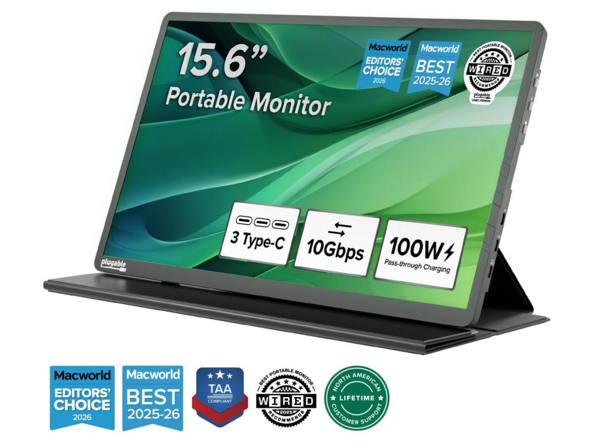 Plugable 15.6" USB-C Portable Monitor with 100W Pass-Through